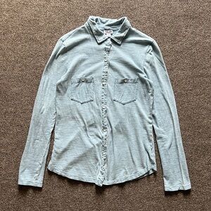 Y2K Splendid Button Down Long Sleeve T-Shirt 100% Cotton Heathered Blue Women XS